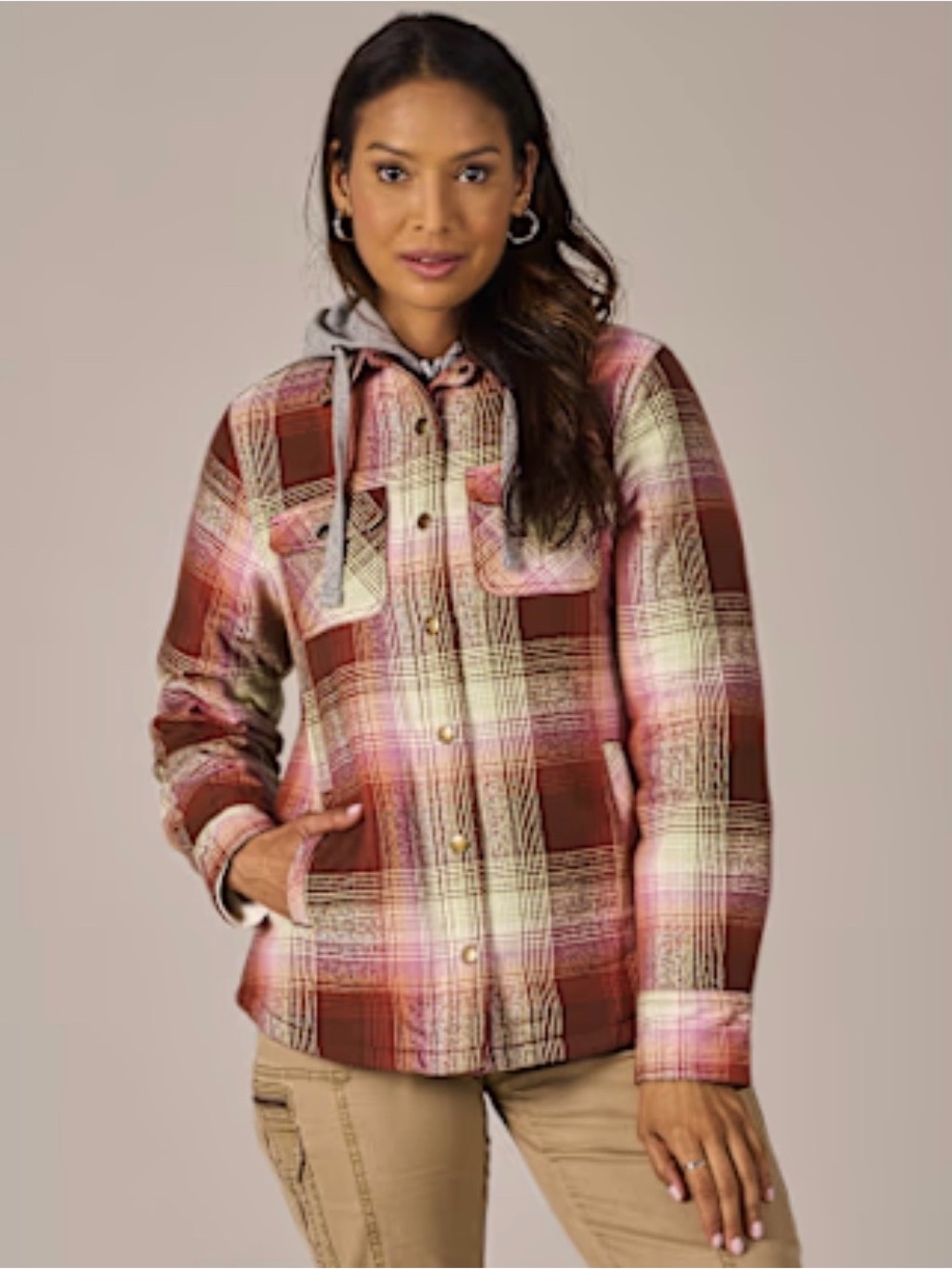 Natural Reflections multicoloured plaid attached hooded shirt jacket Size Large